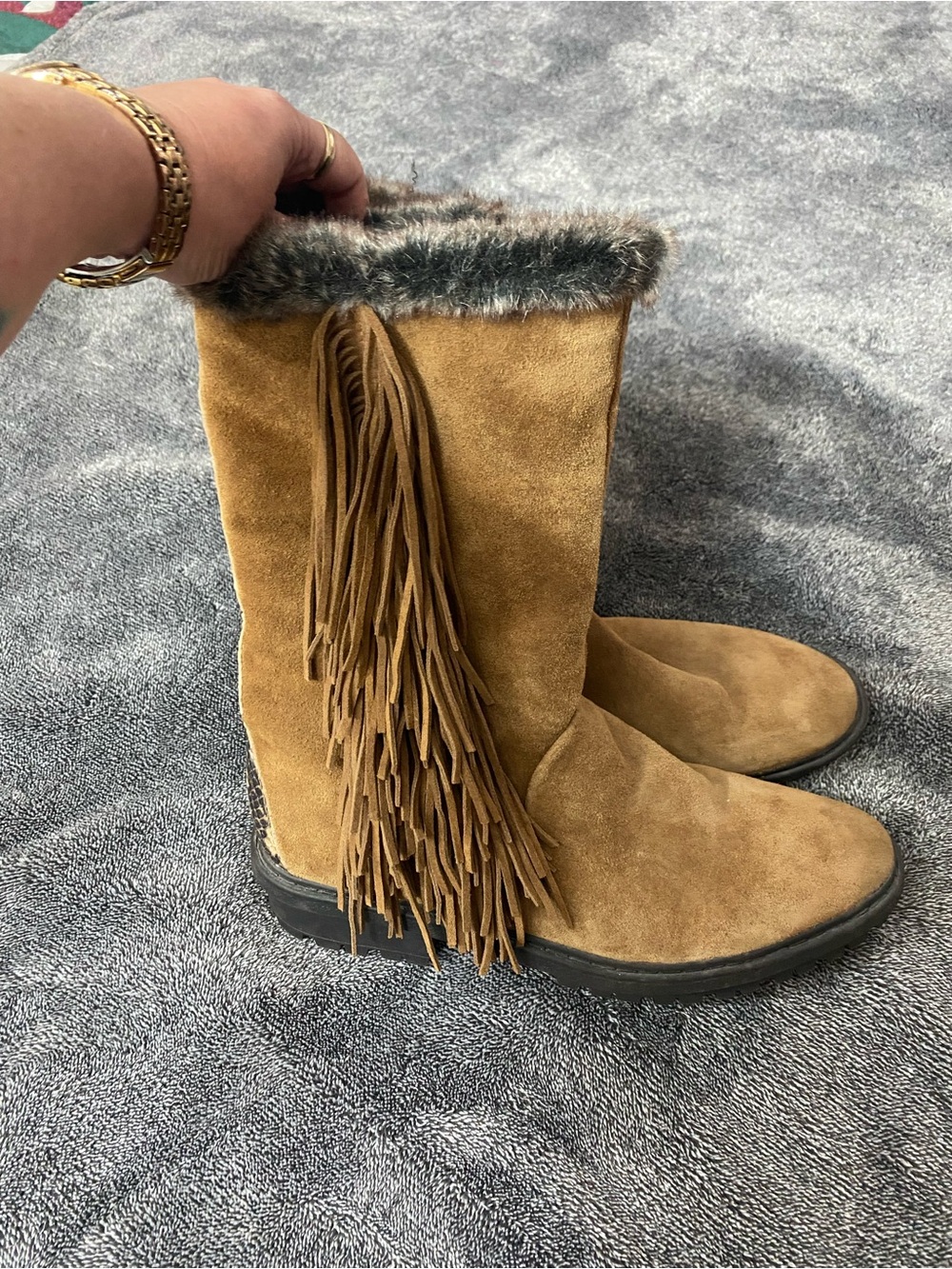 Sam Edelman Tilden Boho Fringe Suede Boots with Faux Fur & Snakeskin‎ Woman 8.5
